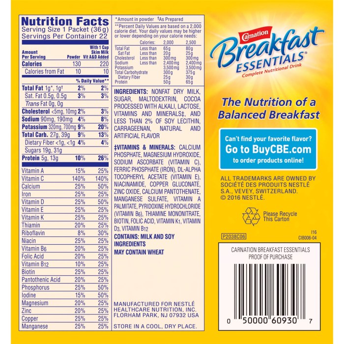 Nutrition facts for carnation breakfast essentials